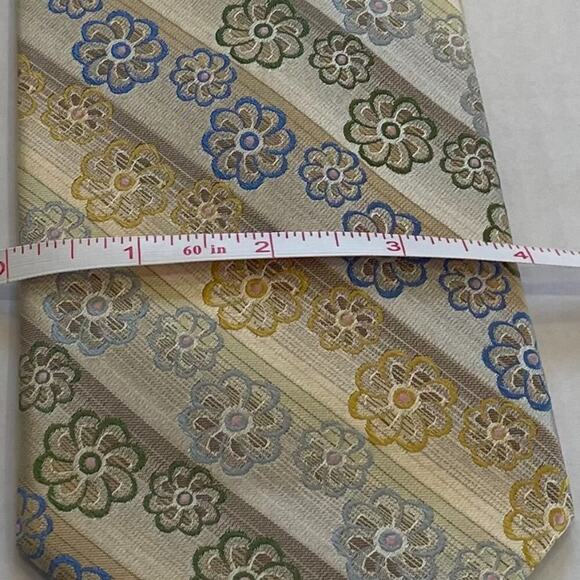 Emilio Ponti Roma Milano Mens Silk Striped Floral Tie, Gold Blue Green Tan, 61" - Picture 9 of 9